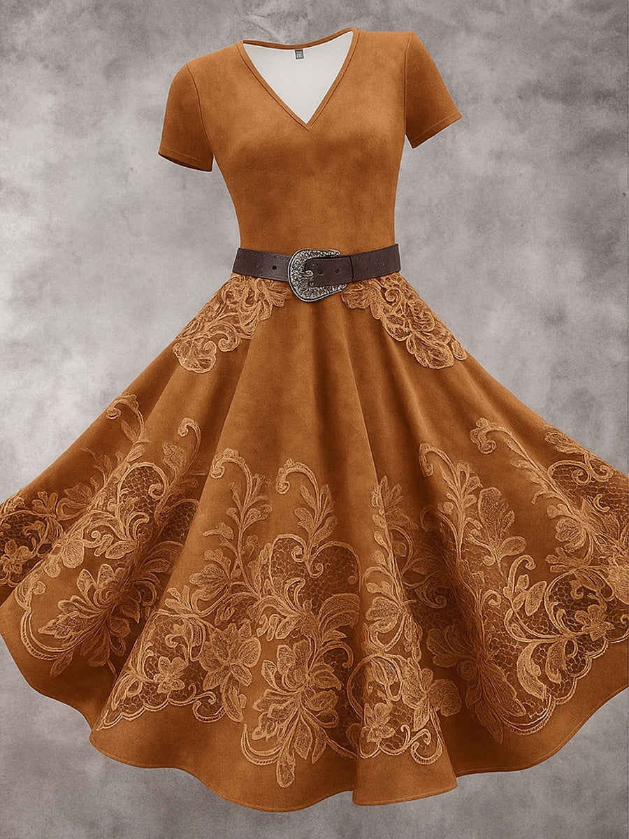 Retro Floral Carved Artistic Texture Printed Vintage V-Neck Short Sleeve Midi Dress
